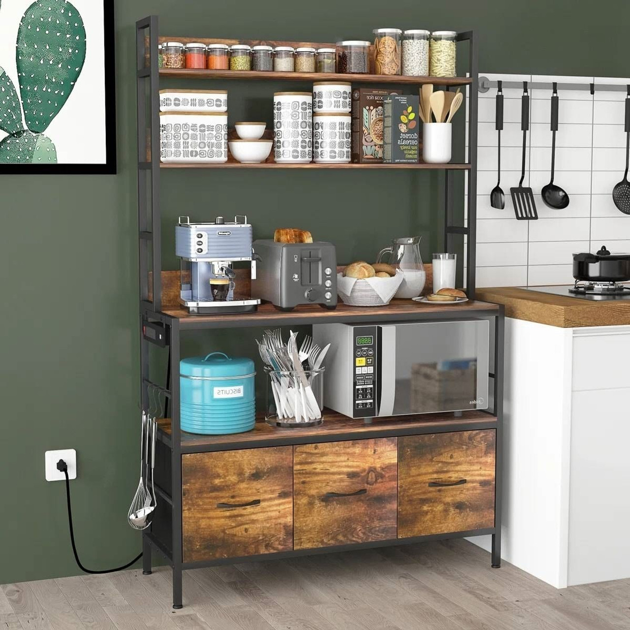 Black Metal Kitchen Baker's Rack with Brown Wood Shelves and Storage Cabinets Black Metal Kitchen Baker's Rack with Brown Wood Shelves and Storage Cabinets