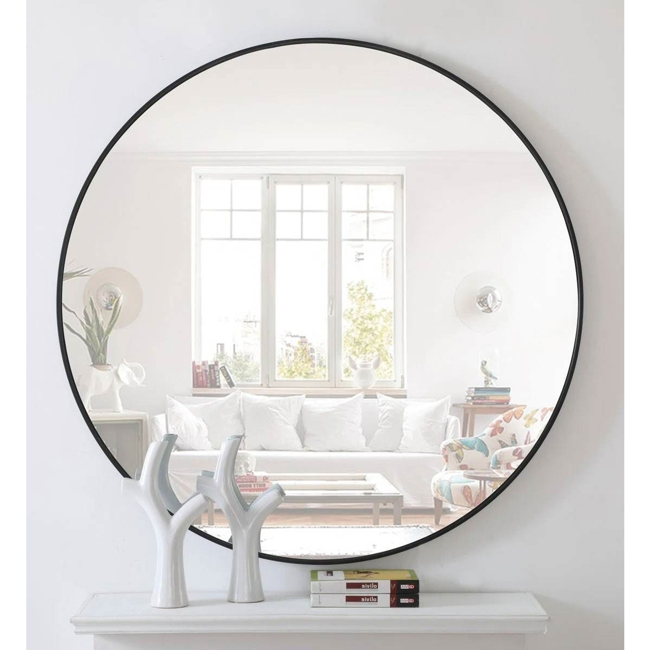 Round 36-inch Wall Mirror in Black - Living Room Bedroom Accent Bathroom Mirror