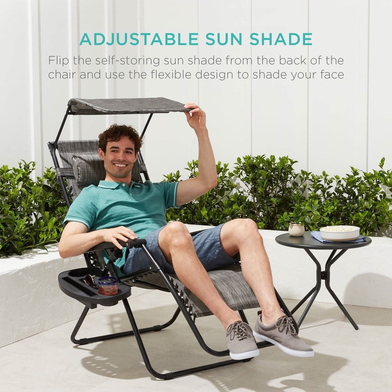 Grey Zero Gravity Folding Reclining Patio Lounge Chair with Canopy Sun Shade