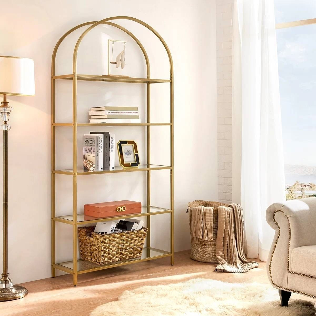 Modern Gold Metal Arched Top Display Rack Bookcase with 5 Glass Storage Shelves
