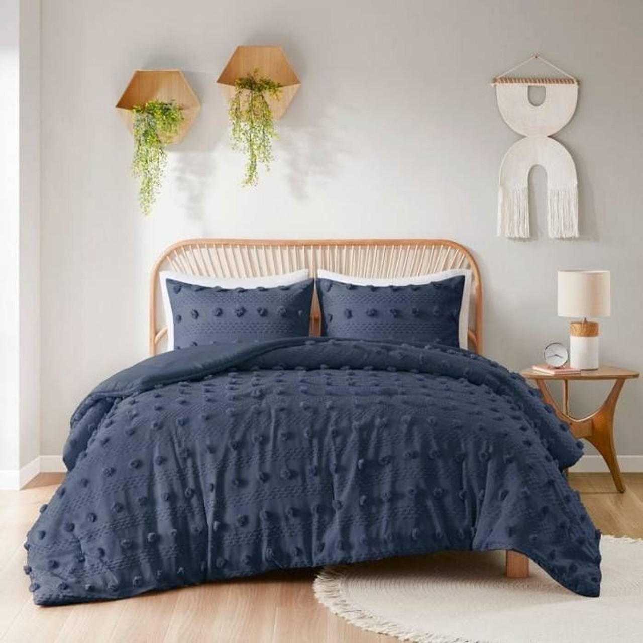Full/Queen 3 Piece Navy Pompom Microfiber Hypoallergenic Comforter Set Full/Queen 3 Piece Navy Pompom Microfiber Hypoallergenic Comforter Set