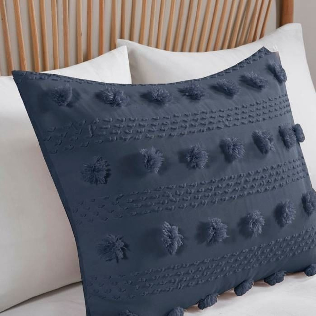 Full/Queen 3 Piece Navy Pompom Microfiber Hypoallergenic Comforter Set Full/Queen 3 Piece Navy Pompom Microfiber Hypoallergenic Comforter Set