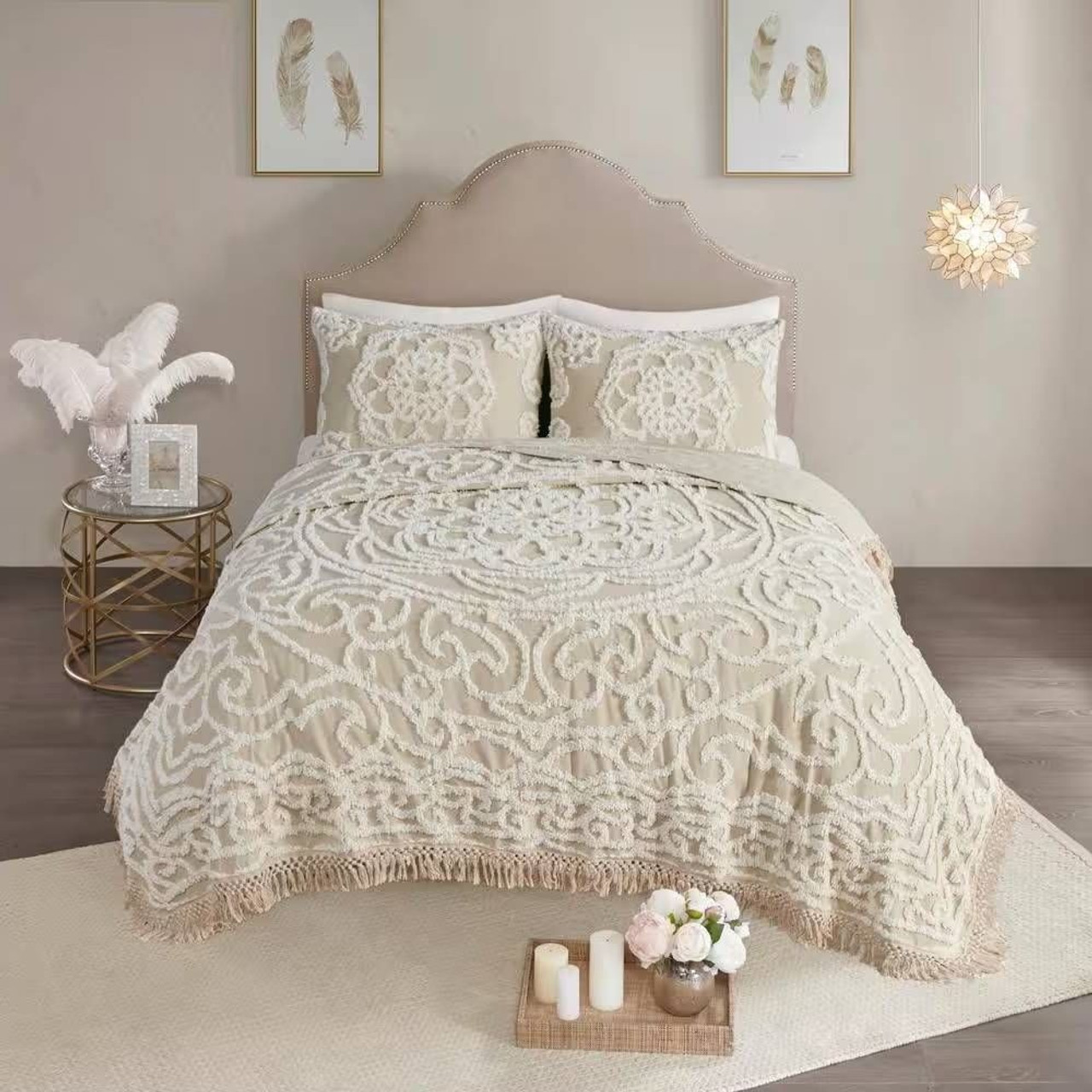 King 100-Percent Cotton Chenille Bedspread with Fringe Hem in Khaki Taupe Beige King 100-Percent Cotton Chenille Bedspread with Fringe Hem in Khaki Taupe Beige