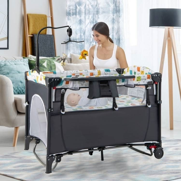 Grey Foldable Baby/Toddler Playpen Bassinet Bed Crib Music Box