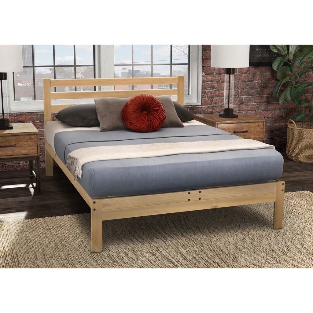 Queen size Solid Wood Platform Bed Frame with Slatted Headboard - Made in USA