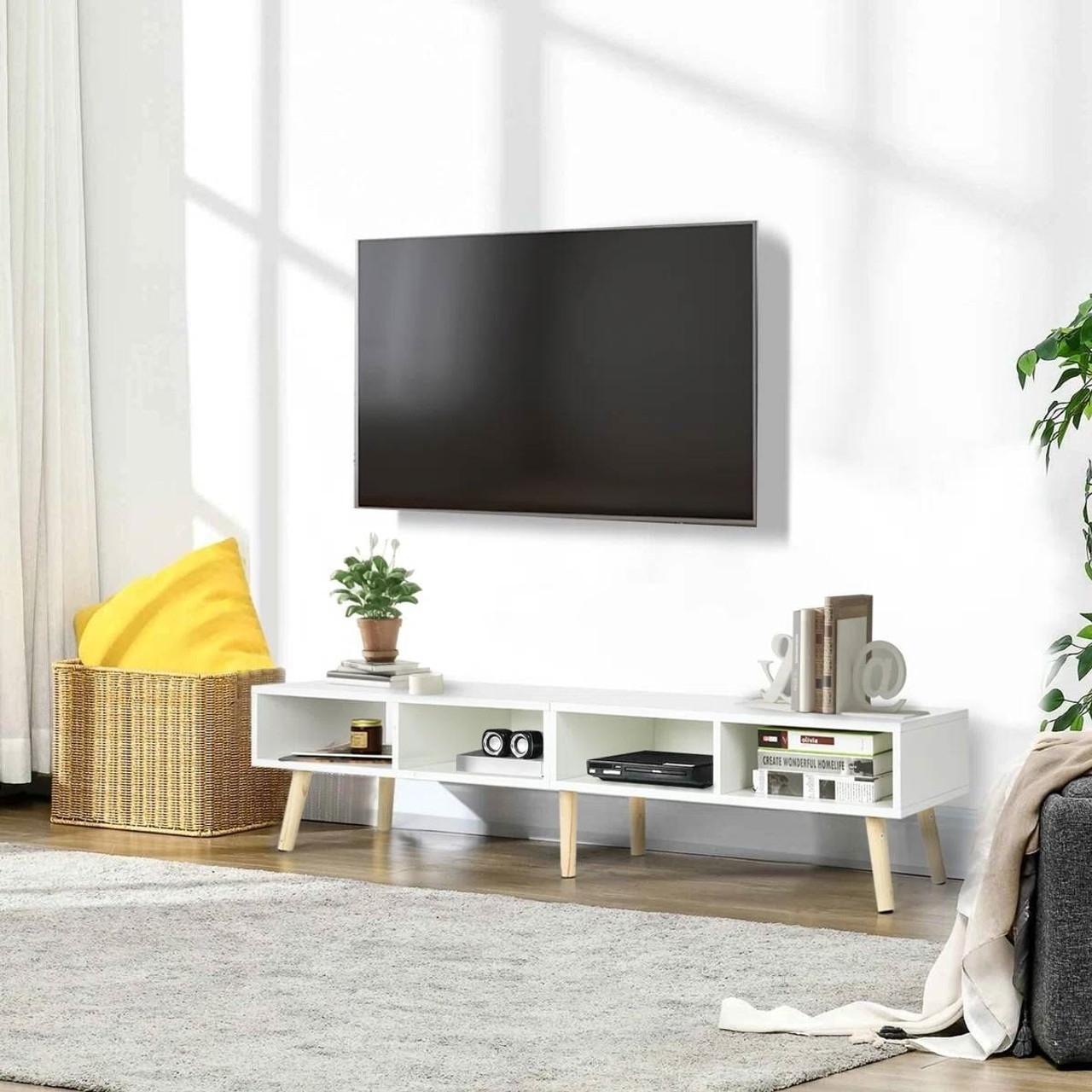 Modern Mid-Century Style TV Stand in White with Wood Legs for TVs up to 65-inch Modern Mid-Century Style TV Stand in White with Wood Legs for TVs up to 65-inch