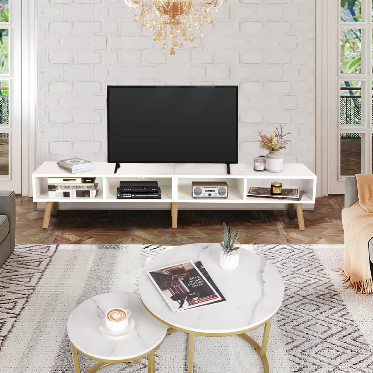 Modern Mid-Century Style TV Stand in White with Wood Legs for TVs up to 65-inch Modern Mid-Century Style TV Stand in White with Wood Legs for TVs up to 65-inch