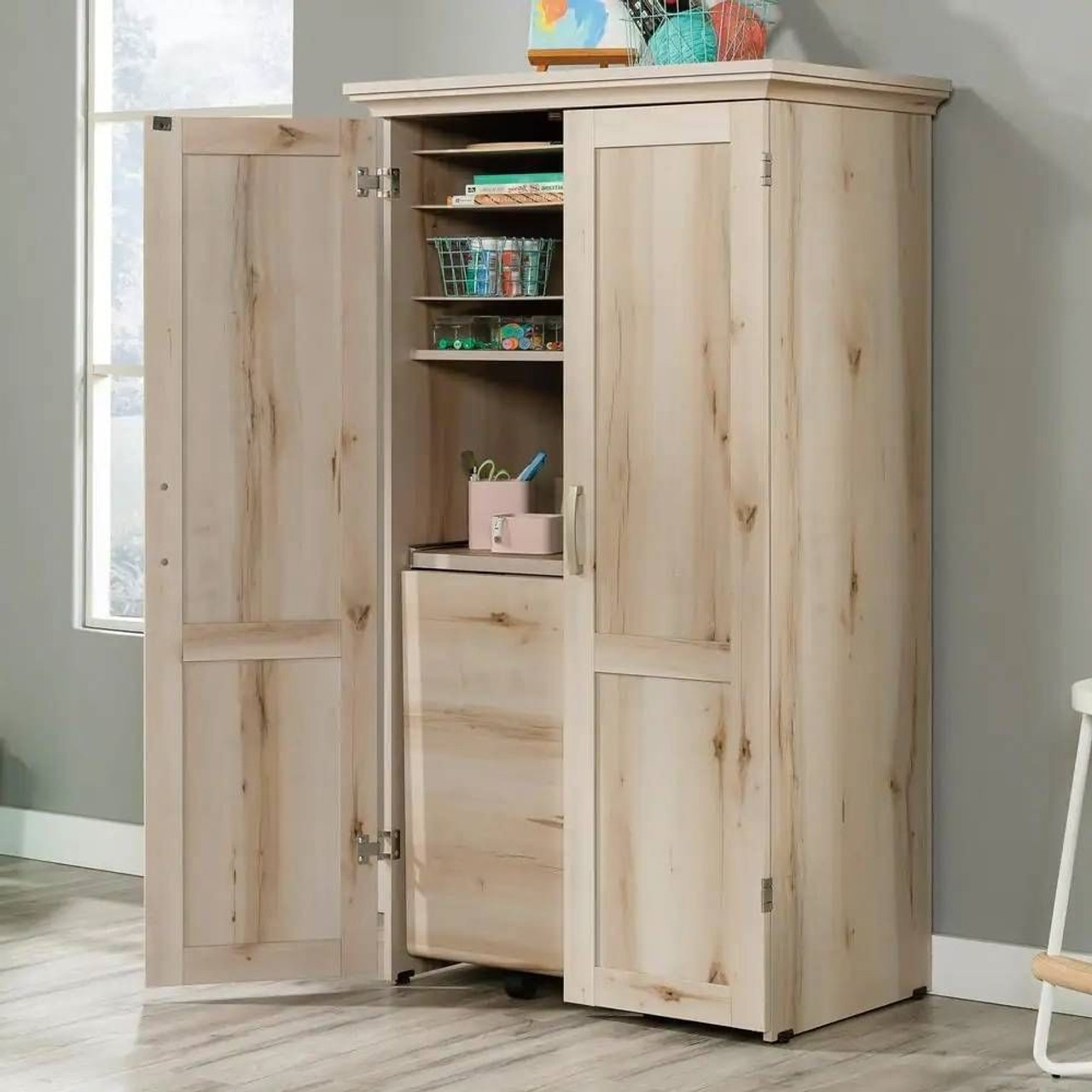 Drop Leaf Computer Desk Craft Table Armoire in Maple Wood Finish - Made in USA Drop Leaf Computer Desk Craft Table Armoire in Maple Wood Finish - Made in USA