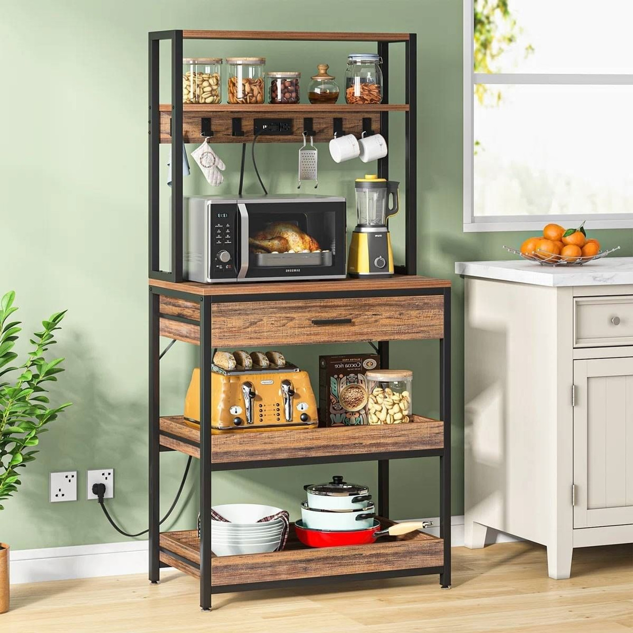 Modern Baker's Rack Shelving Unit with Pull-Out Shelves and Storage Drawer Modern Baker's Rack Shelving Unit with Pull-Out Shelves and Storage Drawer