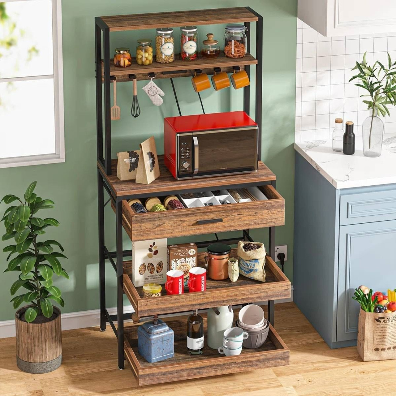 Modern Baker's Rack Shelving Unit with Pull-Out Shelves and Storage Drawer Modern Baker's Rack Shelving Unit with Pull-Out Shelves and Storage Drawer