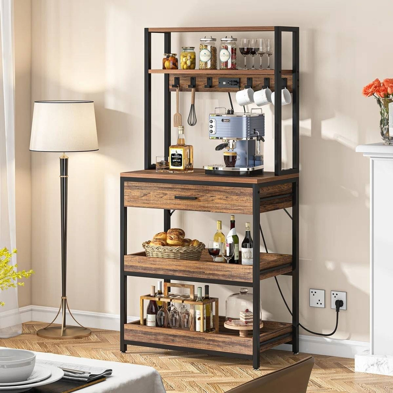 Modern Baker's Rack Shelving Unit with Pull-Out Shelves and Storage Drawer Modern Baker's Rack Shelving Unit with Pull-Out Shelves and Storage Drawer