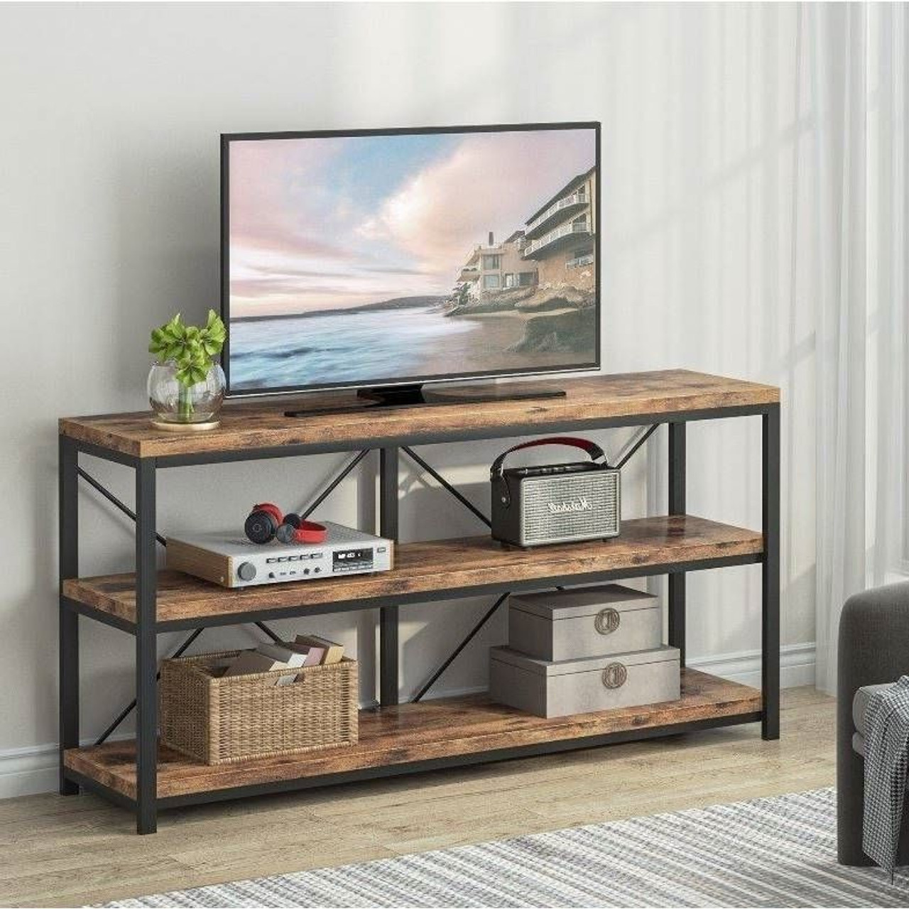 Industrial 55-inch Wood Shelf Console Sofa Table with Sturdy Black Metal Frame Industrial 55-inch Wood Shelf Console Sofa Table with Sturdy Black Metal Frame