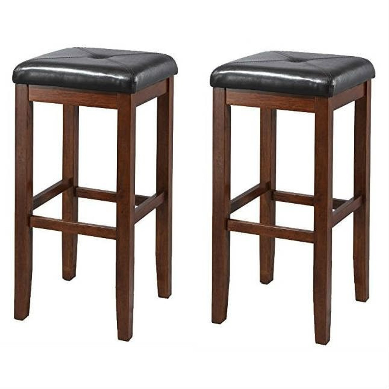 Set of 2 Vintage Mahogany Stools with Black Upholstered Seat Set of 2 Vintage Mahogany Stools with Black Upholstered Seat