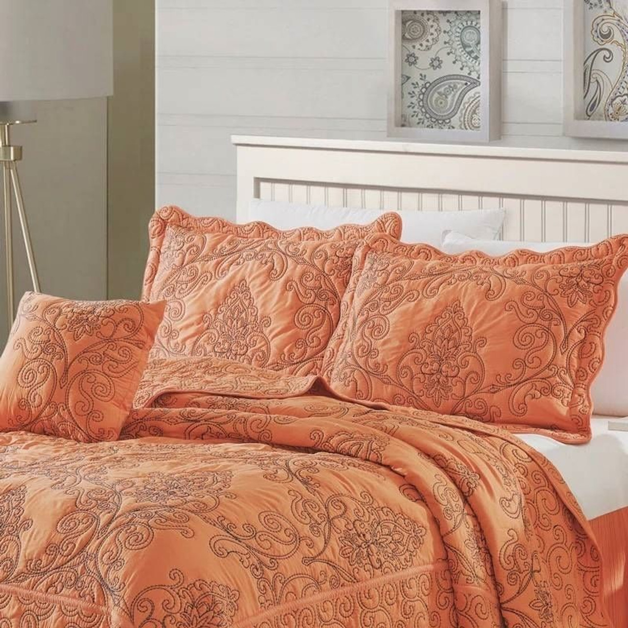 Queen size Orange Nectarine Damask Embroidered 4 Piece Oversized Bedspread Set Queen size Orange Nectarine Damask Embroidered 4 Piece Oversized Bedspread Set