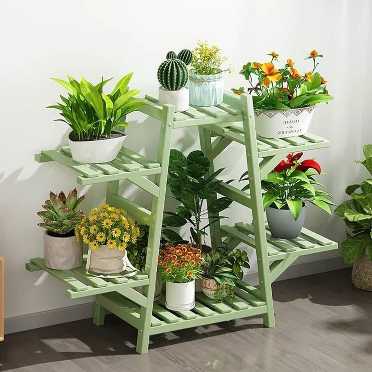 Indoor Outdoor Bamboo Wood 6-Shelf Flower Pot Plant Stand in Green Finish Indoor Outdoor Bamboo Wood 6-Shelf Flower Pot Plant Stand in Green Finish