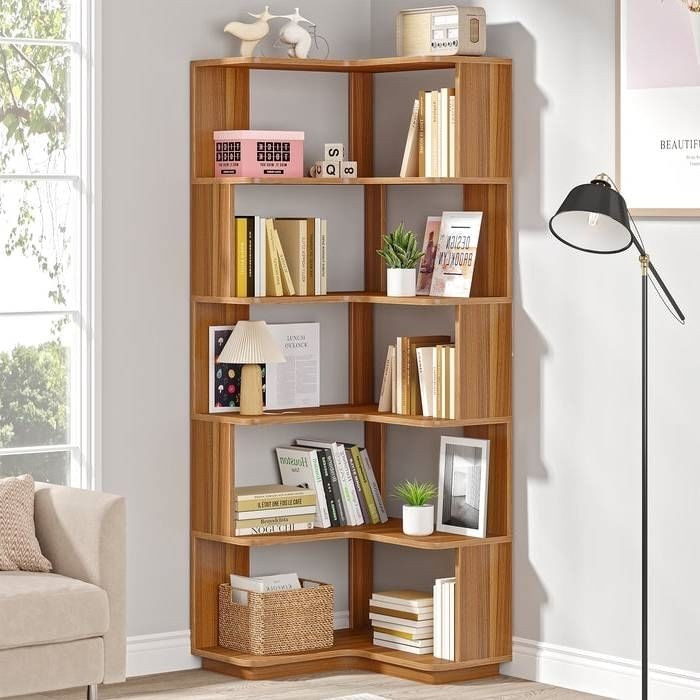 Multifunctional 6 Shelf Corner L-Shaped Bookcase in Brown Wood Finish