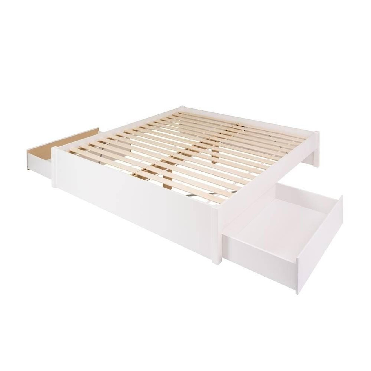 King Size 2 Drawer Storage White Wooden 4 Post Platform Bed  Frame