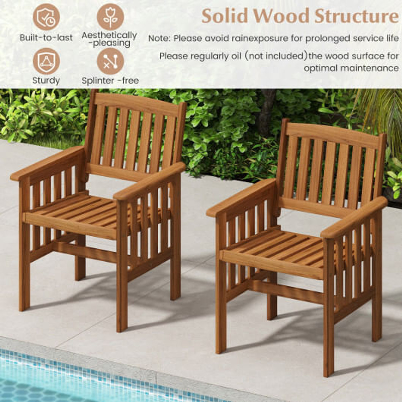 Patio Chairs Set of 2 Outdoor Solid Wood Chairs with Slatted Seat and Inclined Backrest Patio Chairs Set of 2 Outdoor Solid Wood Chairs with Slatted Seat and Inclined Backrest