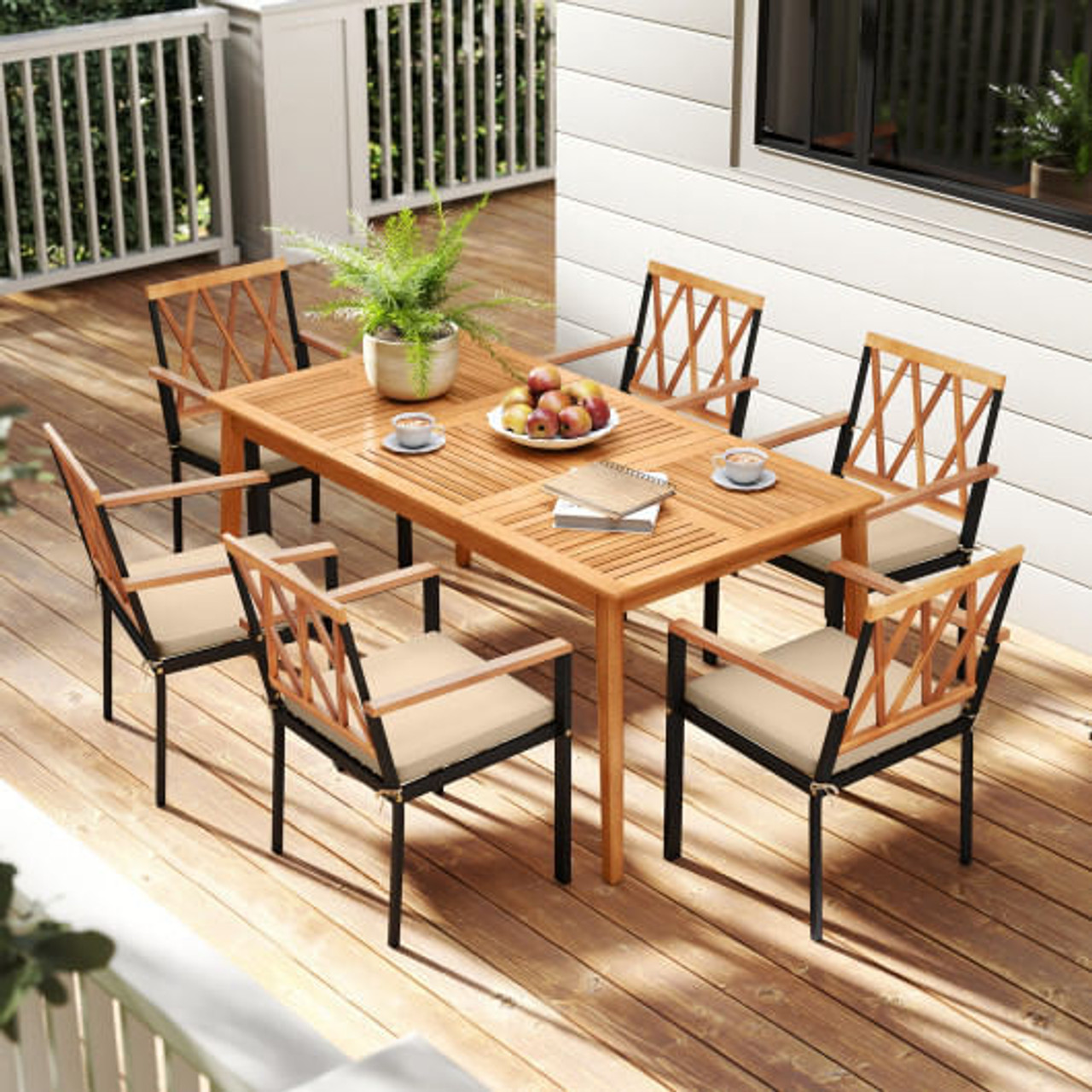 7 Piece Patio Acacia Wood Dining Set Solid Wooden Dining Furniture with Umbrella Hole 7 Piece Patio Acacia Wood Dining Set Solid Wooden Dining Furniture with Umbrella Hole