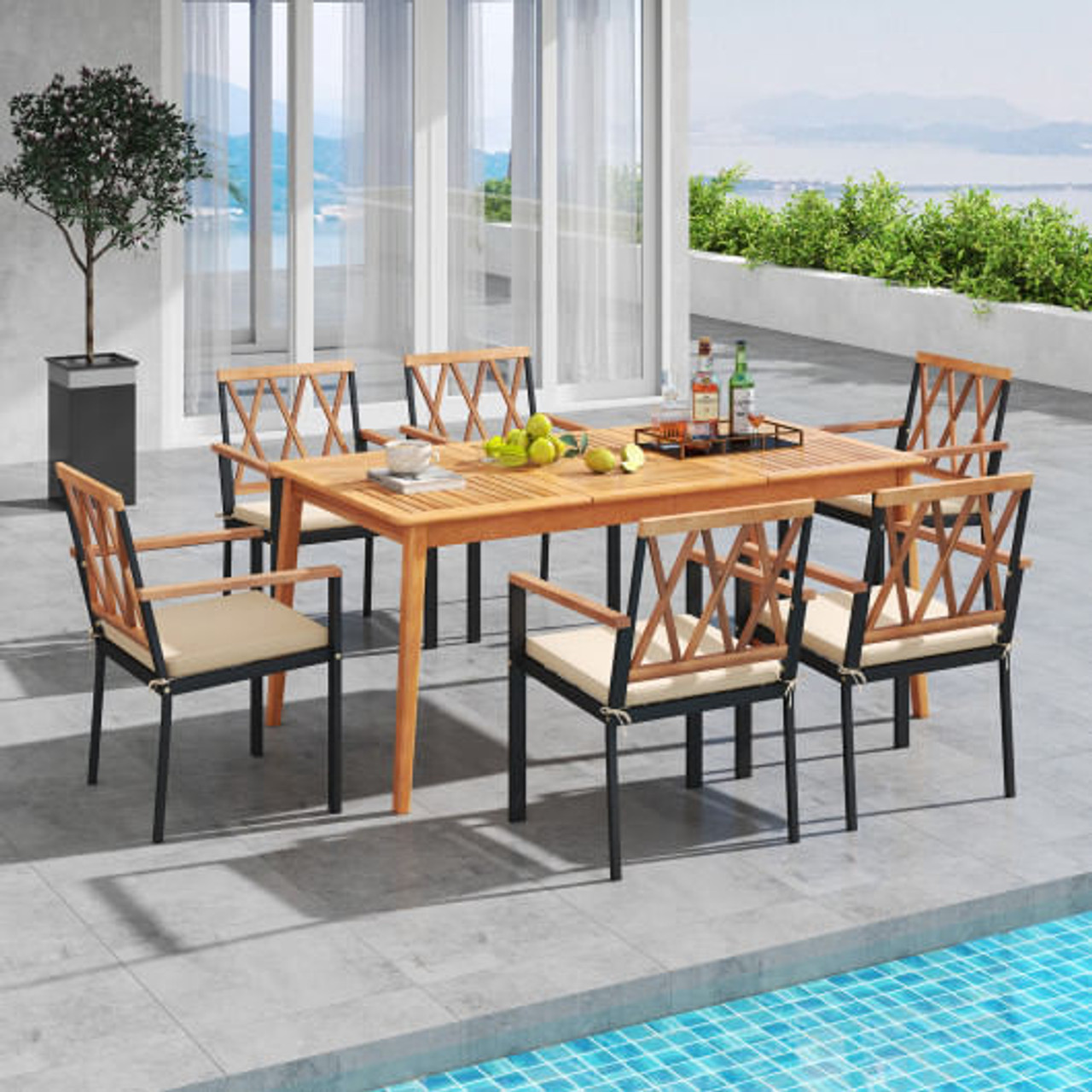 7 Piece Patio Acacia Wood Dining Set Solid Wooden Dining Furniture with Umbrella Hole 7 Piece Patio Acacia Wood Dining Set Solid Wooden Dining Furniture with Umbrella Hole