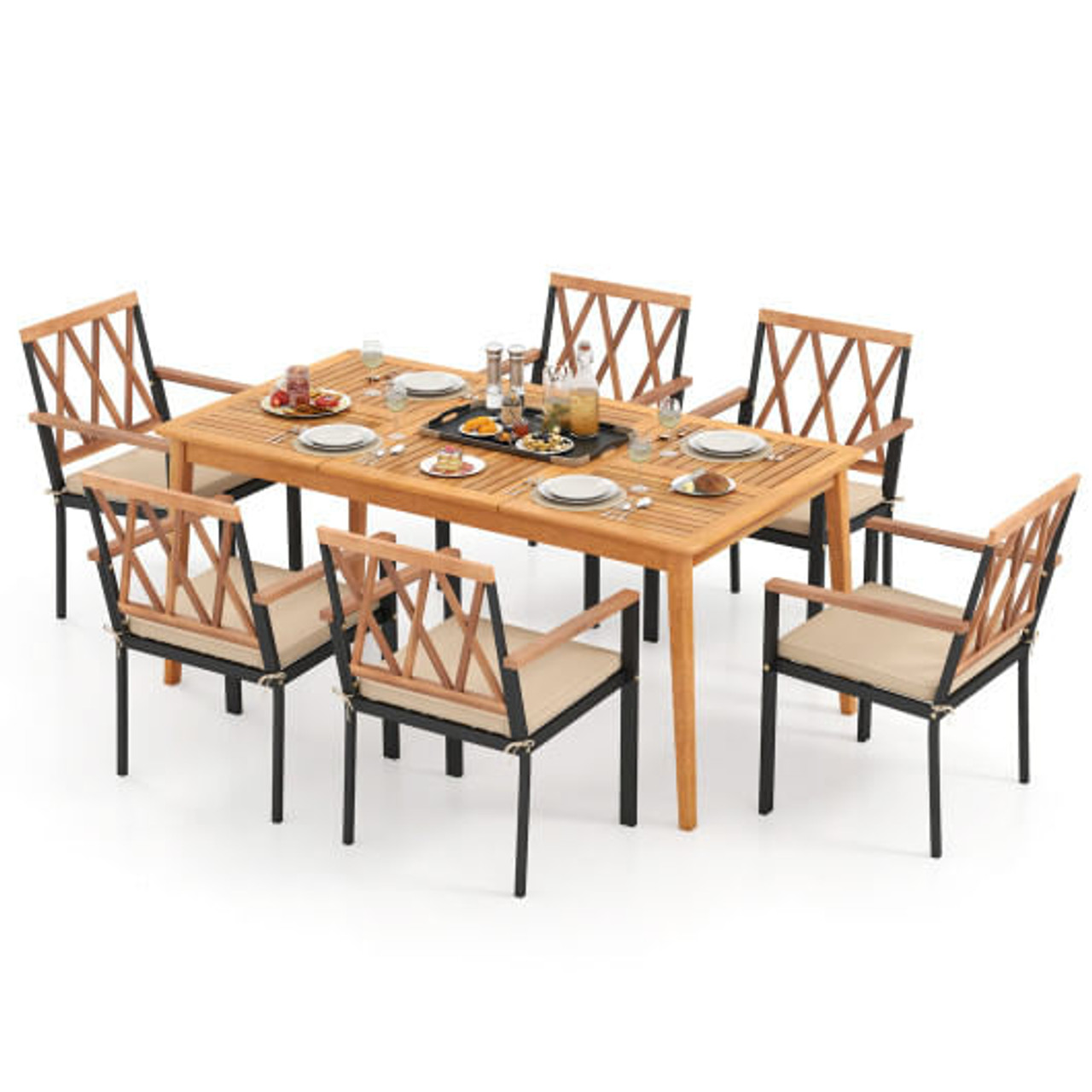 7 Piece Patio Acacia Wood Dining Set Solid Wooden Dining Furniture with Umbrella Hole 7 Piece Patio Acacia Wood Dining Set Solid Wooden Dining Furniture with Umbrella Hole