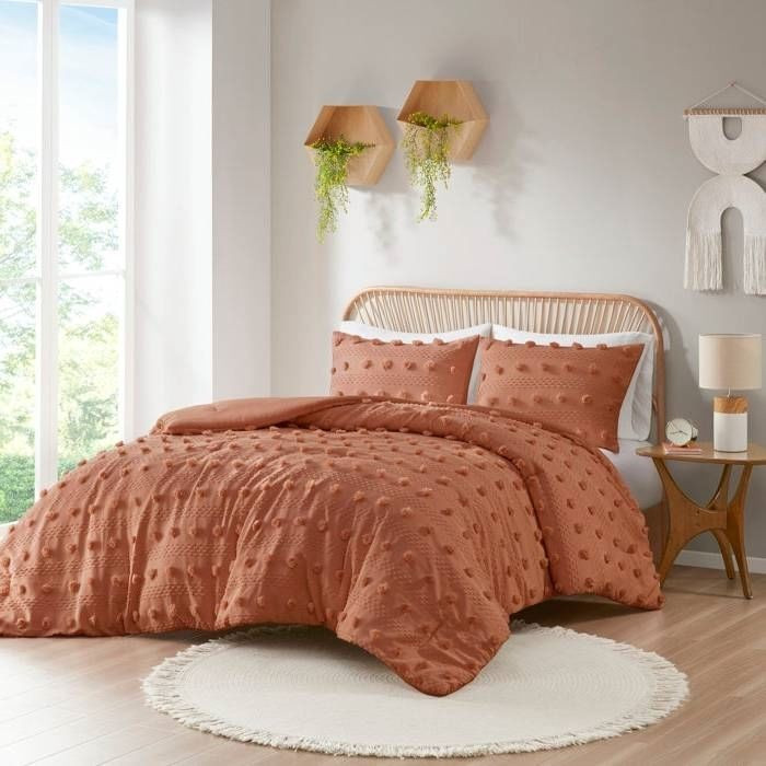 Full/Queen 3-Piece Rust Orange Pompom Microfiber Comforter Set
