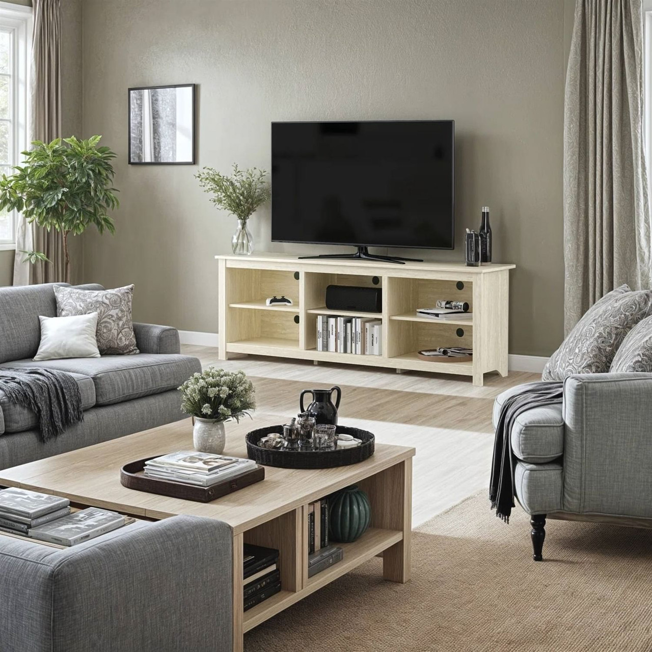 Farmhouse TV Stand in Light Travertine Wood Finish - for TVs up to 70-inch