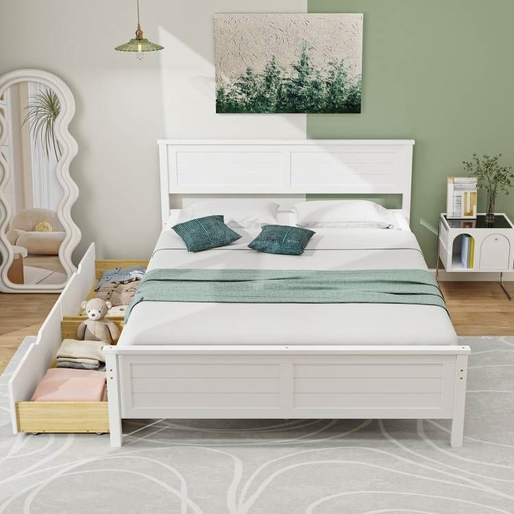 Full Size White Platform Bed Frame with 2 Storage Drawers