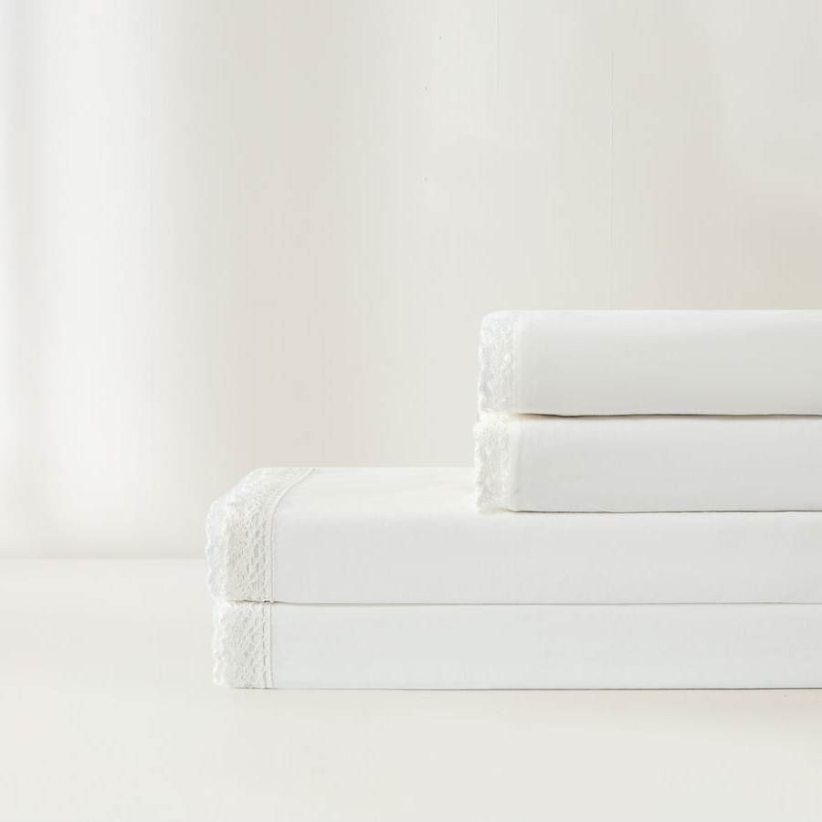 Queen Size 4 Piece 100-Percent Cotton Sheet Set in White with Lace Trim