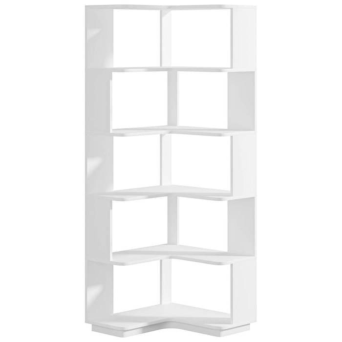 Multifunctional 6 Shelf Corner L-Shaped Bookcase in White Wood Finish