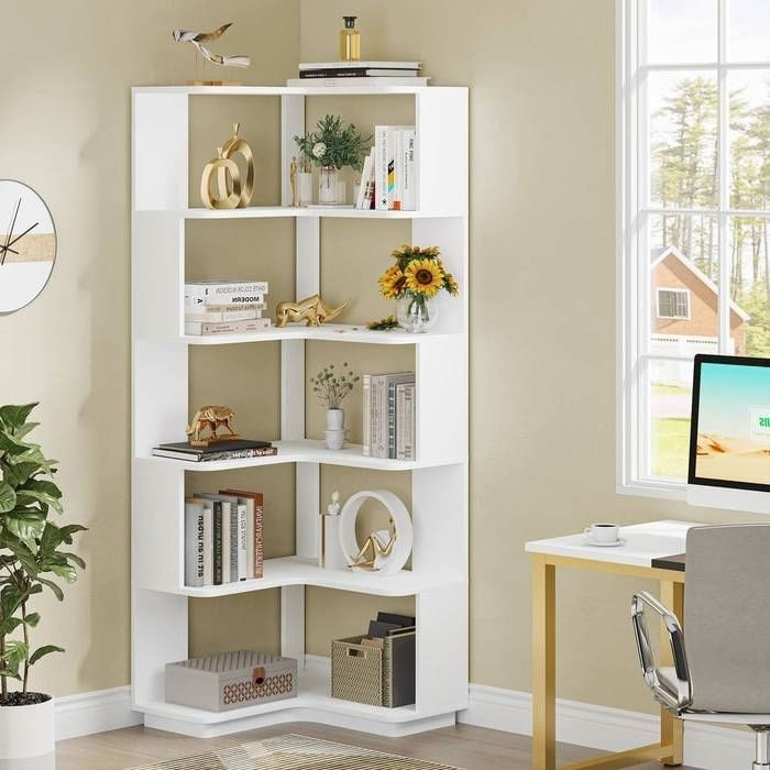 Multifunctional 6 Shelf Corner L-Shaped Bookcase in White Wood Finish