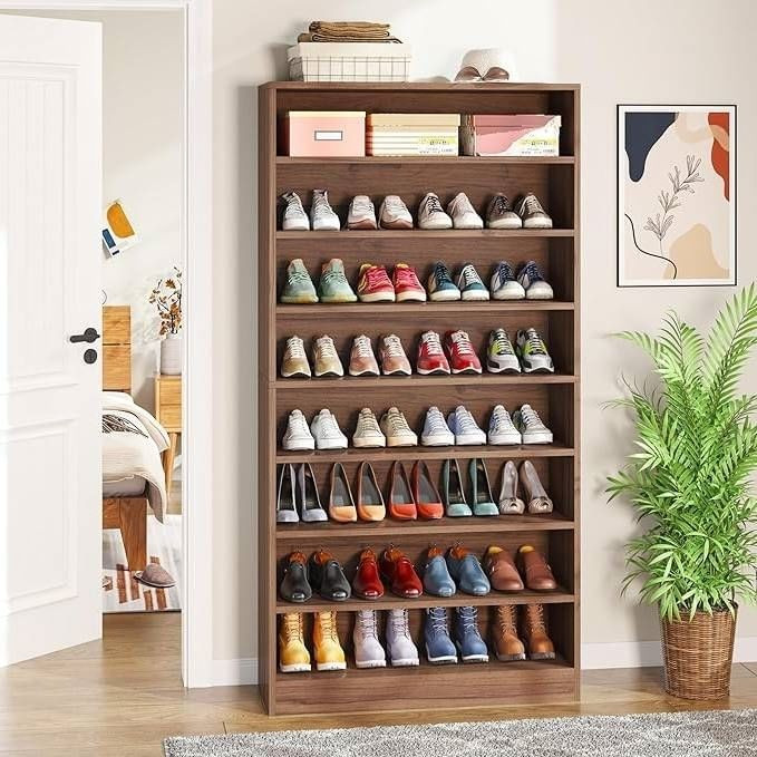 Freestanding 8-Shelf Shoe Rack for Closet Shelving Unit in Brown Wood Finish