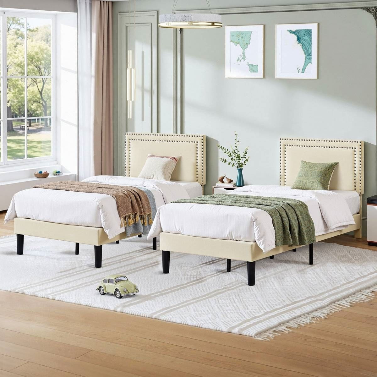 Twin Size - Set of 2  - Dorm Style Beige Tufted Upholstered Platform Beds