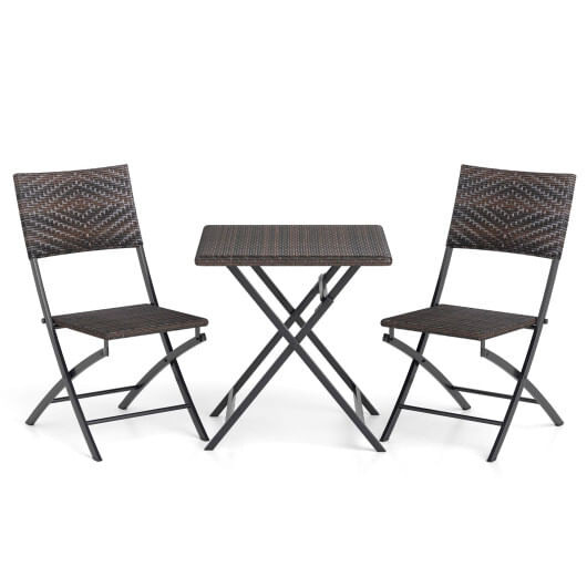 3 Piece Rattan Bistro Set Outdoor Folding Dining Table and Chairs with Wicker Seat