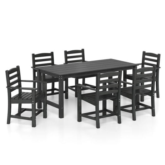 7 Pieces Outdoor Dining Table Set for 6 People 67 Inch HDPE Patio Rectangle Table and 6 Armchairs-B