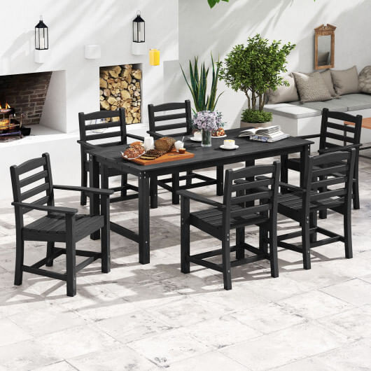 7 Pieces Outdoor Dining Table Set for 6 People 67 Inch HDPE Patio Rectangle Table and 6 Armchairs-B
