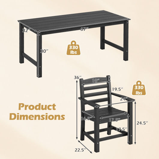 7 Pieces Outdoor Dining Table Set for 6 People 67 Inch HDPE Patio Rectangle Table and 6 Armchairs-B