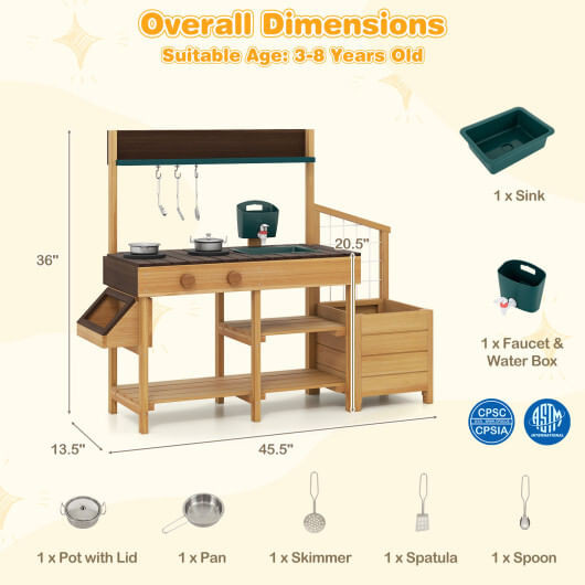 Play Kitchen for Kids Wooden Toy Kitchen Playset Pretend Mud Kitchen-Yellow