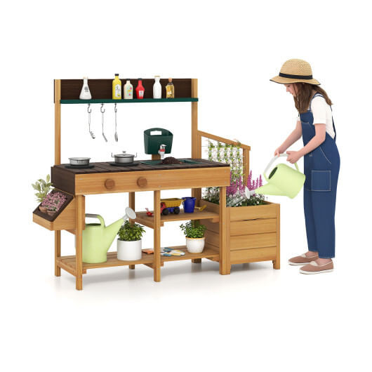 Play Kitchen for Kids Wooden Toy Kitchen Playset Pretend Mud Kitchen-Yellow