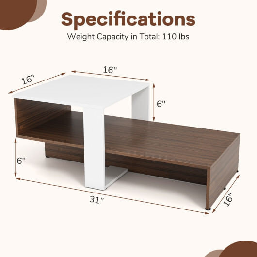 2-Tier Geometric Coffee Table with Storage Shelves for Living Room and Reception Room-White and Bro