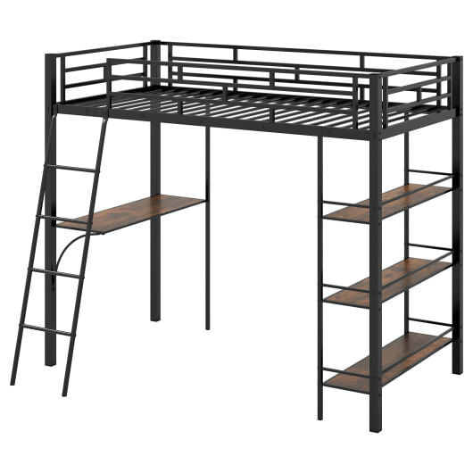 Twin Size Loft Bed with Desk and Shelves for Kids and Home-Black