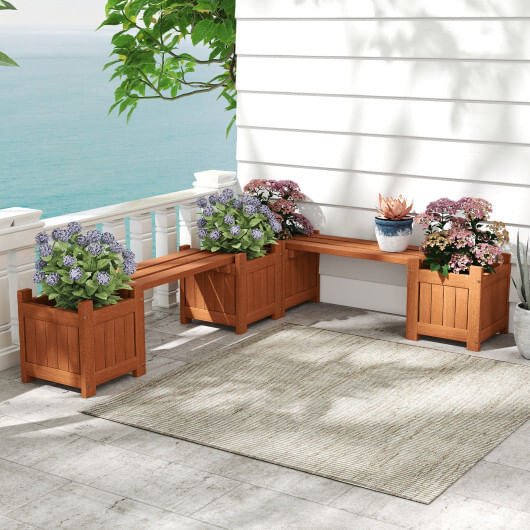 Solid Wood Flower Box Mini Outdoor Planter Boxes with Bench