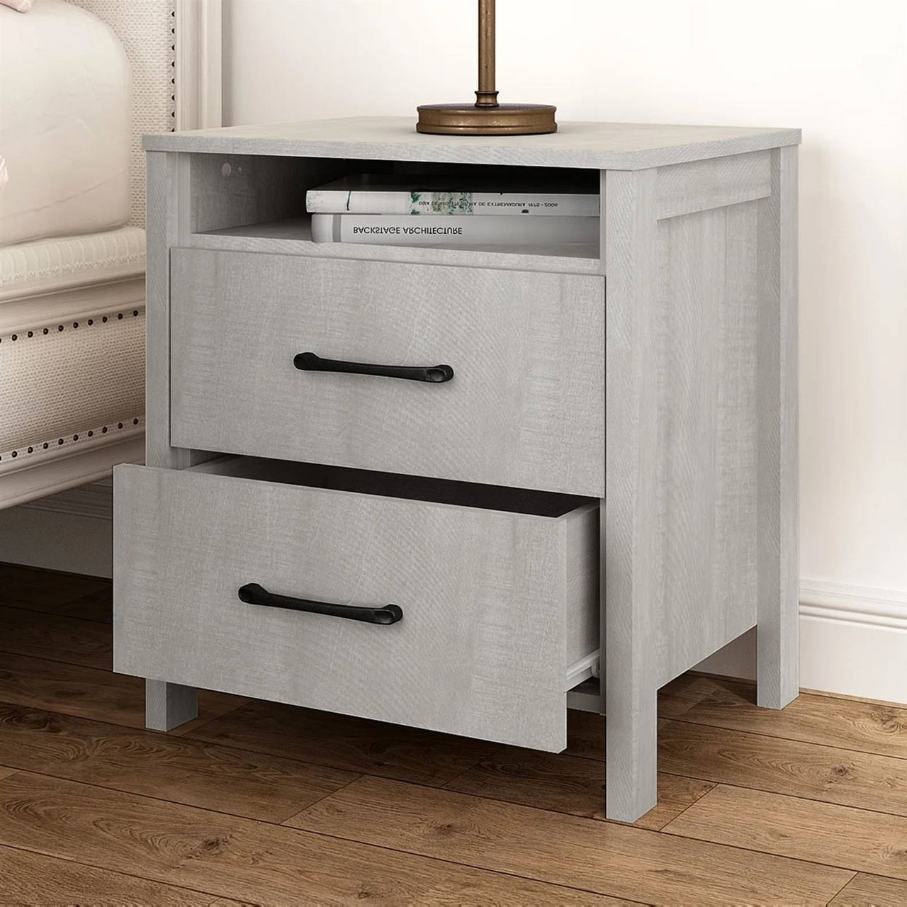 Modern Farmhouse Bedroom 2-Drawer Bedside Table Nightstand in Grey Wood Finish