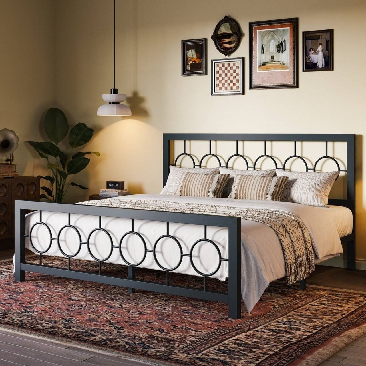 King Black Metal Platform Bed Frame with Circle Medallion Headboard Footboard
