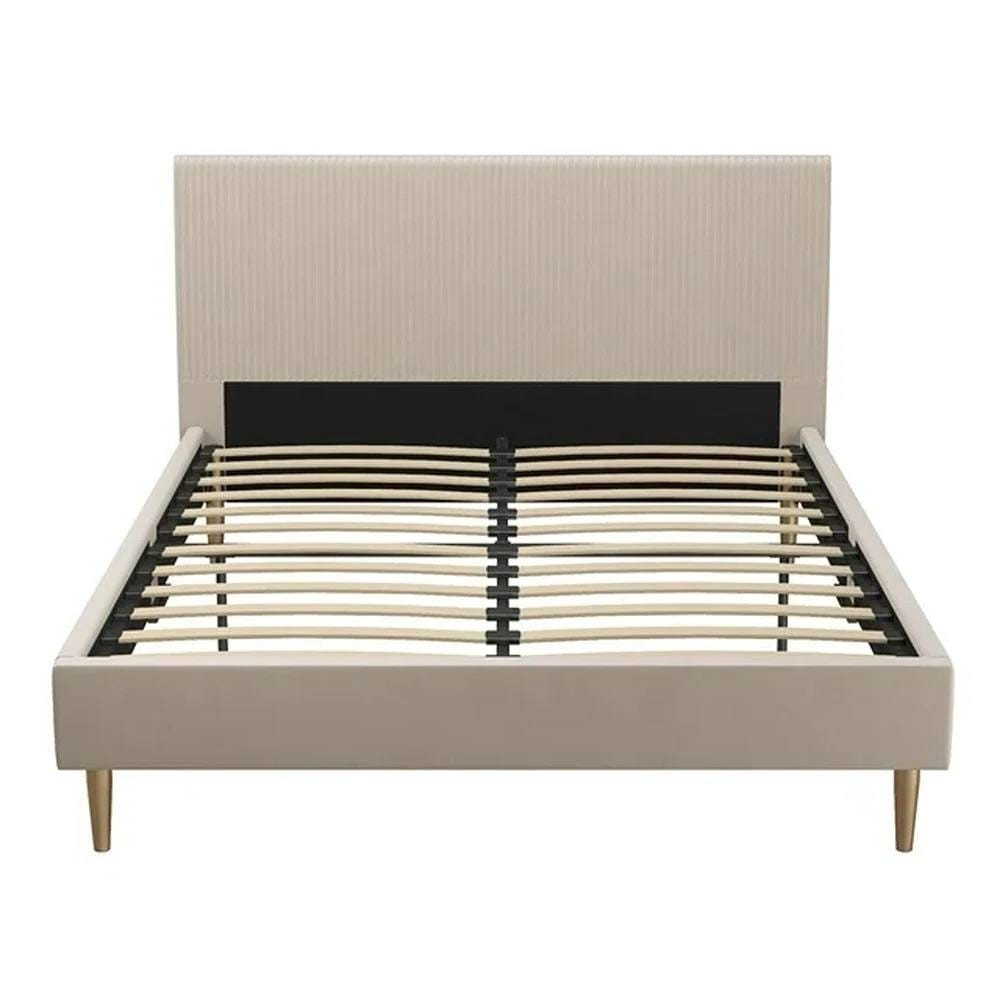 Queen Mid-Century Ivory Cream Velvet Upholstered Platform Bed with Headboard