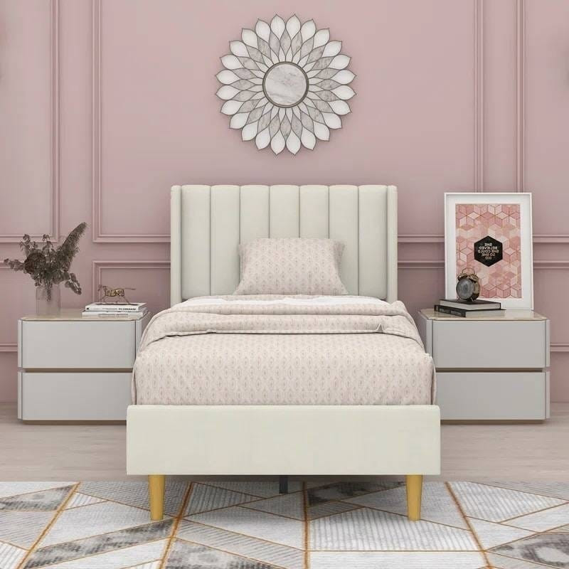 Twin size Mid-Century Platform Bed Frame with Cream Velvet Upholstered Headboard