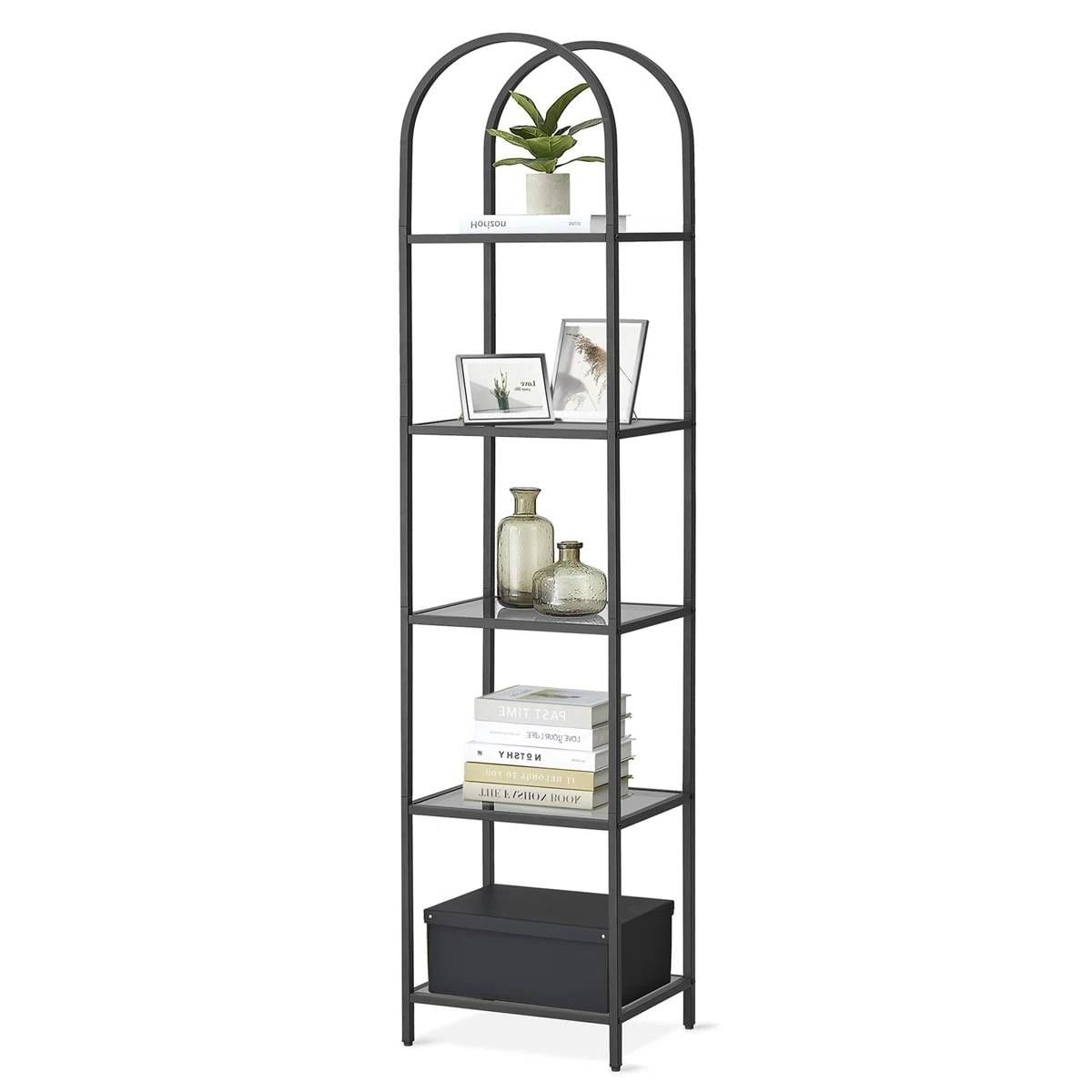 Arched Top Black Metal Display Rack Narrow Bookcase with 5 Glass Storage Shelves
