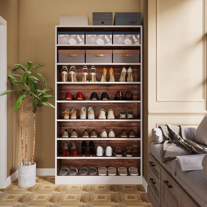 9 Tier White/Brown Wood Shoe Storage Cabinet, Holds Up To 45 Pairs