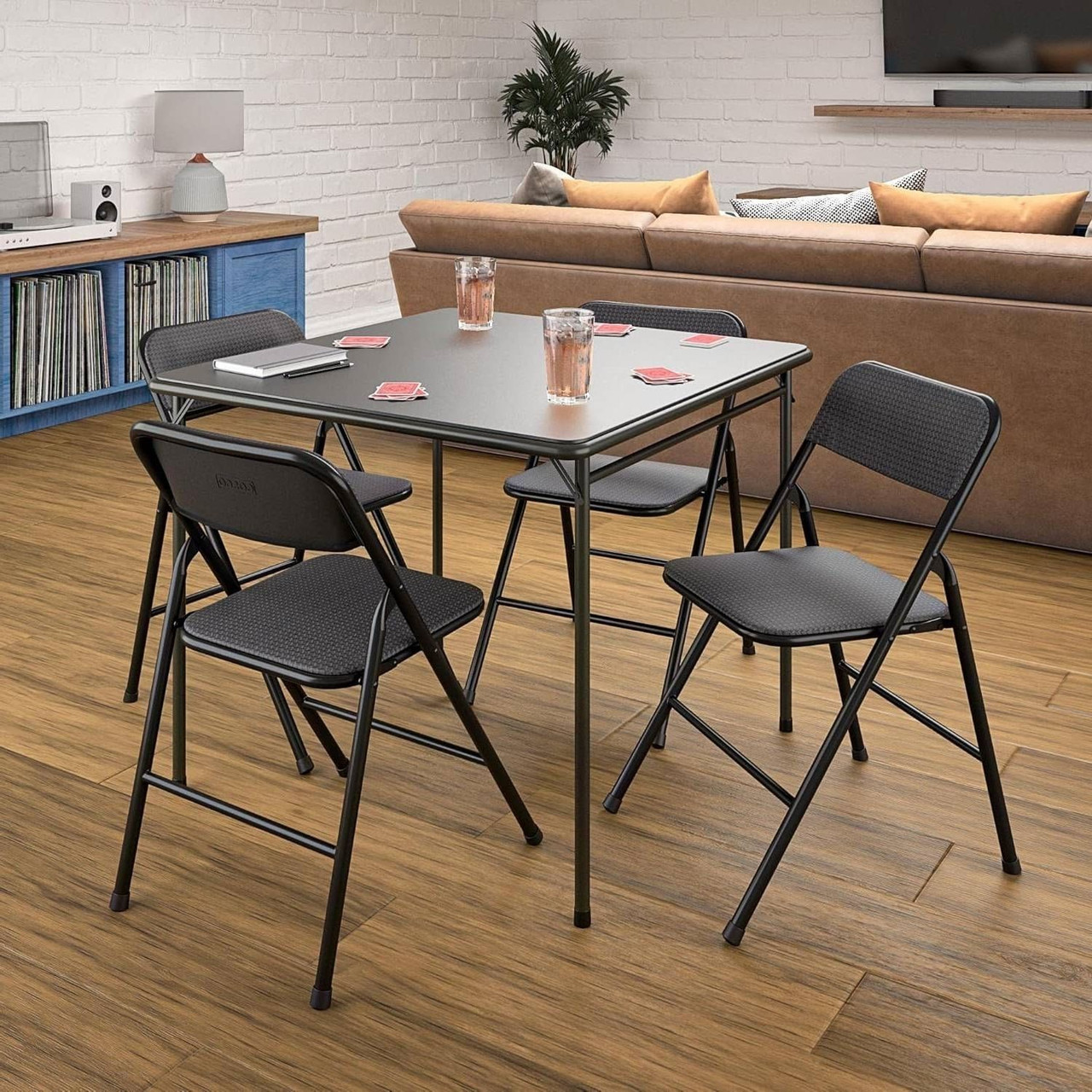 Black 5-Piece Square Folding Dining Table with 4 Chairs Guest Set Card Table