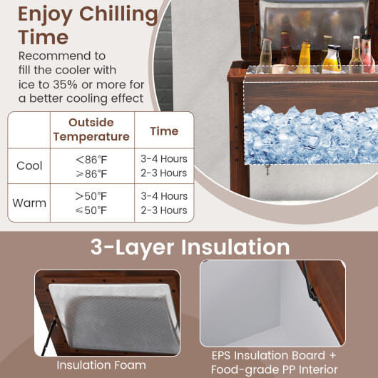 3-Layer Insulated Wood Cooler 54QT Outdoor Ice Chest